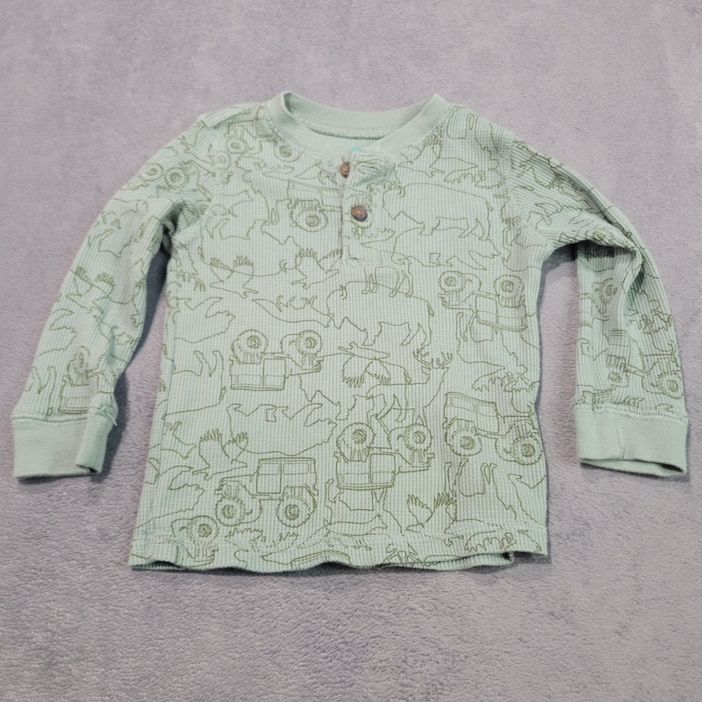 Garanimals Henley Shirt Boys 2T Olive Green Animal Truck Print Waffle Knit GTBF7